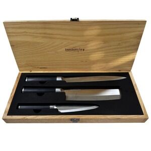 Kamikoto Kanpeki 3-Piece Japanese Honshu Steel Knife Set with Wood Case Box